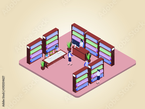 Library vector concept: Library with woman employee and bookcases filing cabinet. Visitors in reading area