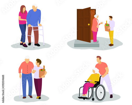 Young people are caring for the elderly during the COVID-19 pandemic. They bring food, walk, push a wheelchair. Illustration in flat style