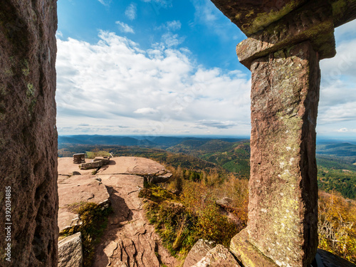 Monument on the Donon mountain peak in the Vosges. Historic sacred place where the rituals of the Celts and Proto-Celts took place. photo