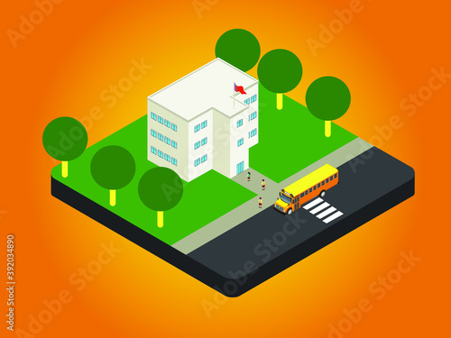 School building, bus and student 3D isometric vector concept can be used for web design, banner, hero image and Landing page design.
