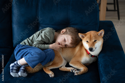 Preschool boy watching TV with his Shiba inu dog on blue sofa. People on the couch. Leisure during the quarantine