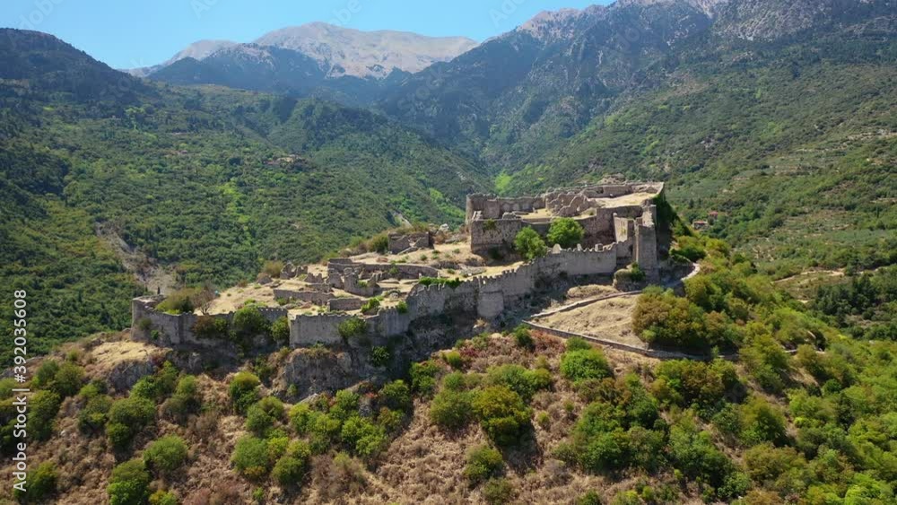 Aerial drone video of medieval byzantine old city of Mystras featuring Monastery of Pantanassa, Temple of Agia Sofia and uphill castle of Mystras, Sparta, Peloponnese, Greece Aerial drone video of medieval byzantine old city of Mystras featuring Monastery of Pantanassa, Temple of Agia Sofia and uphill castle of Mystras, Sparta, Peloponnese, Greece