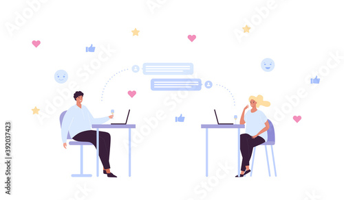 Online dating app and love relationship concept. Vector flat style illustration. Heart, thumbs up like social media symbol. Couple of man and woman sit at desk and chat with laptop. Design element.