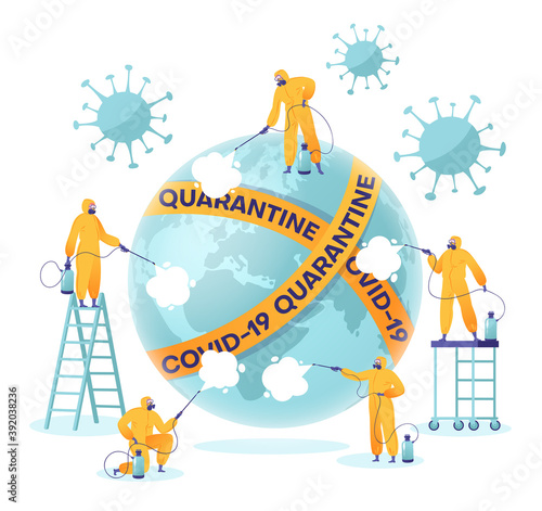 Characters wearing protective suits and respirators spraying antibacterial liquid on globe Earth wrapped in quarantine and Covid19 warning tape. People in flat cartoon style and bright yellow jumpsuit