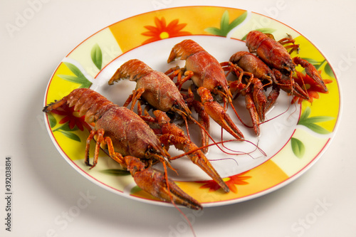 Boiled crayfish on a plate