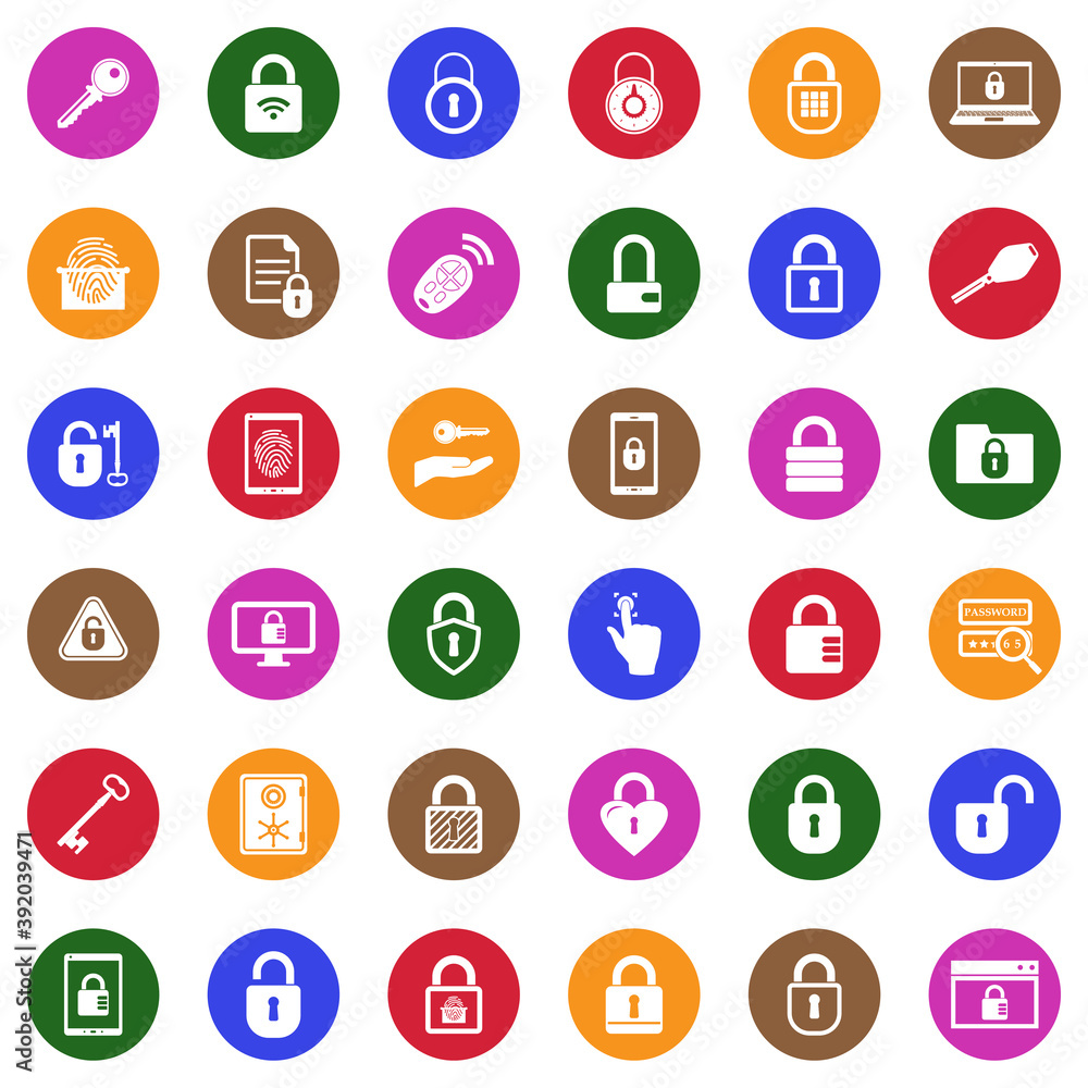 Keys And Locks Icons. White Flat Design In Circle. Vector Illustration. Keys And Locks Icons. White Flat Design In Circle. Vector Illustration.