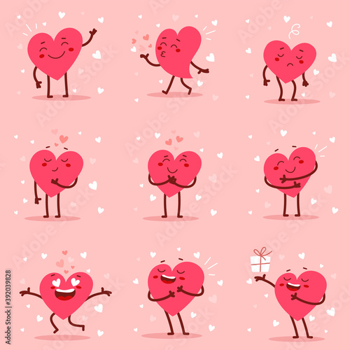 Romantic flat style Valentine's Day illustrations to express feelings of love. Vector set of red adorable heart character in different poses with happy emotion