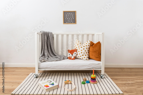 Children's bedroom and bed with toys