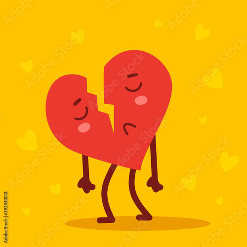 Vector red cute sad broken heart character on yellow background. Romantic flat style Valentine's Day illustration