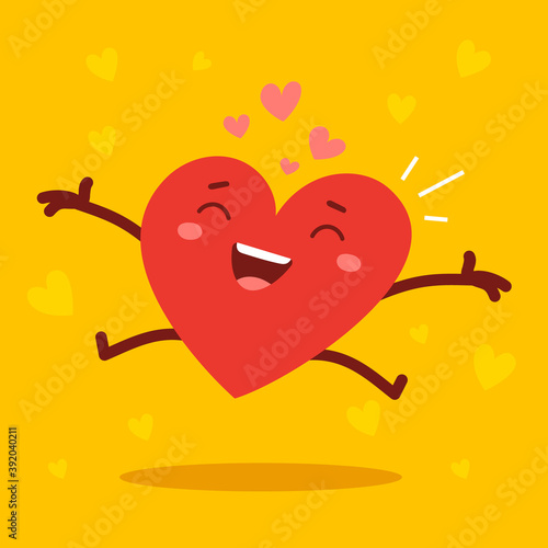 Vector red cute happy heart character jumping with arms spread wide and smile on yellow background. Romantic flat style Valentine's Day illustration