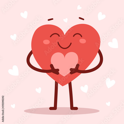 Vector red cute happy heart character holding a heart with smile on pink background. Romantic flat style Valentine's Day illustration © wowomnom