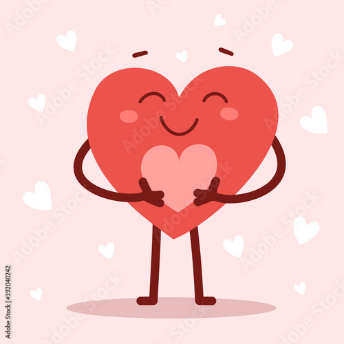 Vector red cute happy heart character holding a heart with smile on pink background. Romantic flat style Valentine's Day illustration