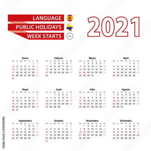Calendar 2021 in Spanish language with public holidays the country of Colombia in year 2021.