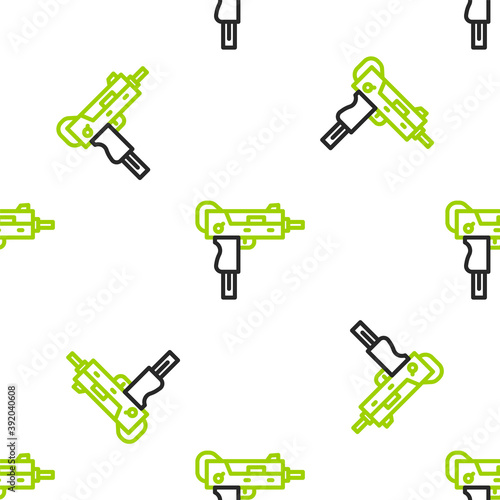 Line UZI submachine gun icon isolated seamless pattern on white background. Automatic weapon. Vector.