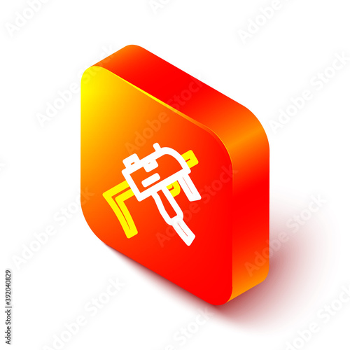 Isometric line MP9 submachine gun icon isolated on white background. Automatic weapon. Orange square button. Vector.