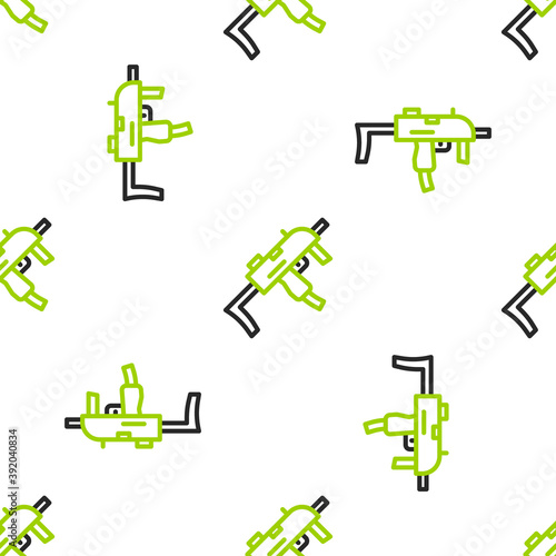 Line MP9 submachine gun icon isolated seamless pattern on white background. Automatic weapon. Vector.