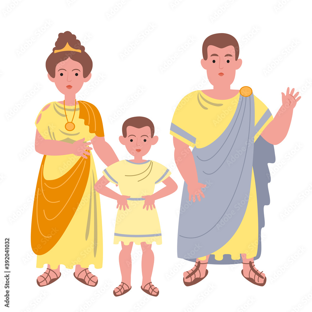 Man, woman and boy in antique clothes. Ancient Greek family. Mom, dad and  son in cartoon style. Stock Vector | Adobe Stock