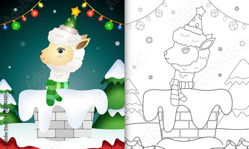 coloring book for kids with a cute alpaca using hat and scarf in chimney