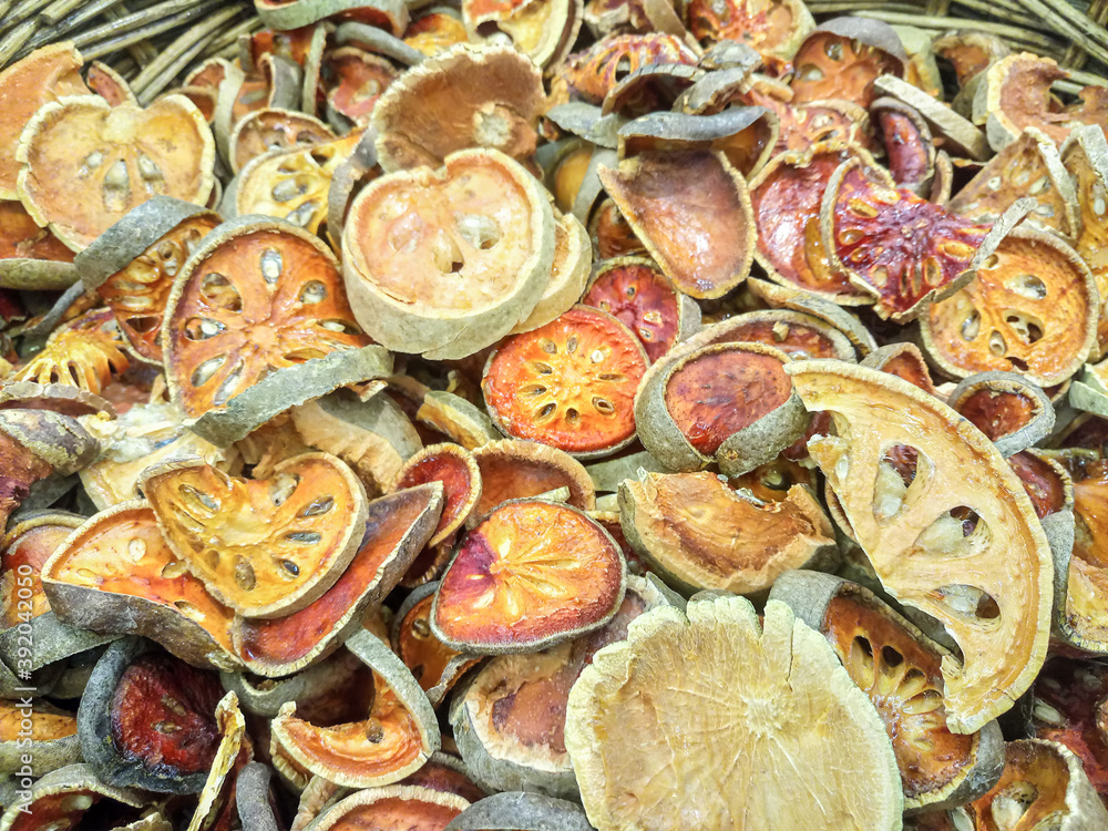 Dried bael is a herb and food in Asia. Dried bael is a herb and food in Asia.