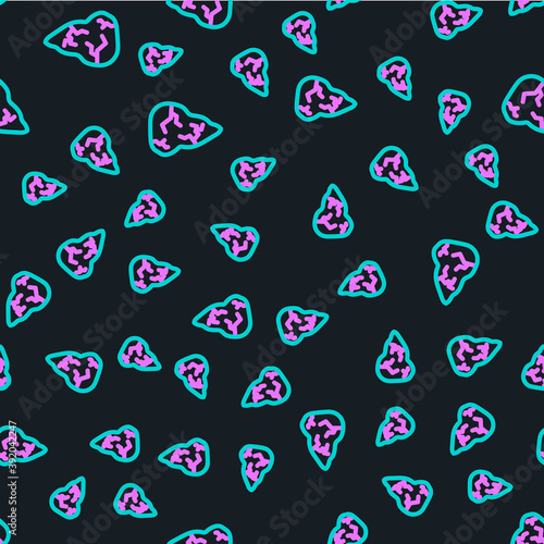 Line Hepatitis virus on the human liver icon isolated seamless pattern on black background. World Hepatitis Day. Vector.