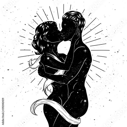 Woman and man kissing, beautiful sensual couple in love on space background. Vector illustration