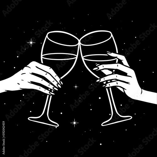 Cheers, girls drinking, hands with wine glasses and space stars potion, vector illustration