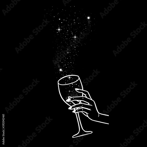 Cheers, girls drinking, hands with wine glasses and space stars potion, vector illustration