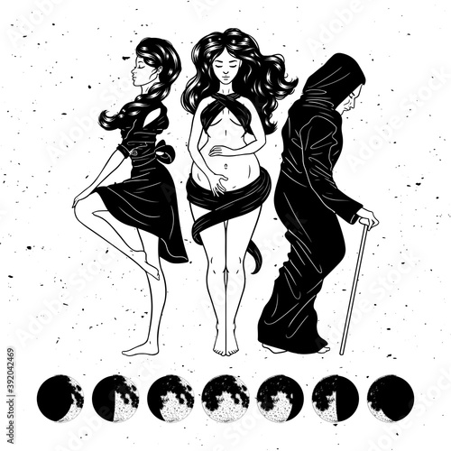 Three women figures, symbol of Triple goddess as Maiden, Mother and Crone, moon phases. Hekate, mythology, wicca, witchcraft. Vector illustration photo