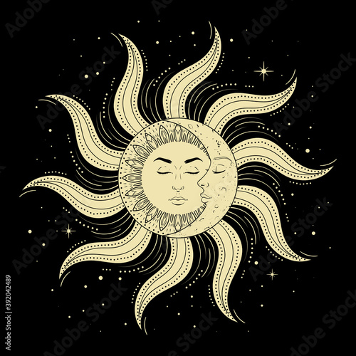 Sun and moon with man and woman faces on black background, vintage mystic symbol art. Vector illustration