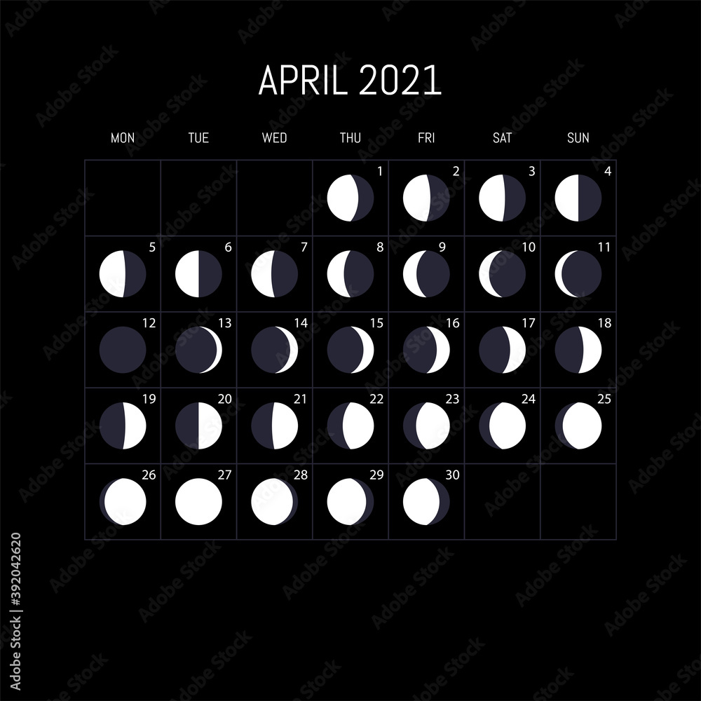Moon phases calendar for 2021 year. April. Night background design. Vector illustration