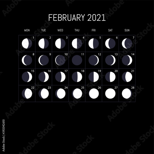 Moon phases calendar for 2021 year. February. Night background design. Vector illustration