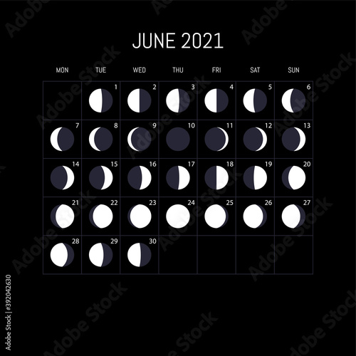 Moon phases calendar for 2021 year. June. Night background design. Vector illustration