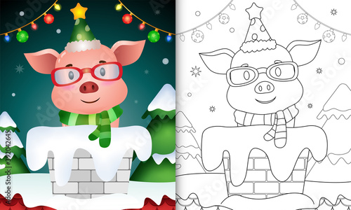 coloring book for kids with a cute pig using santa hat and scarf in chimney © riko_design