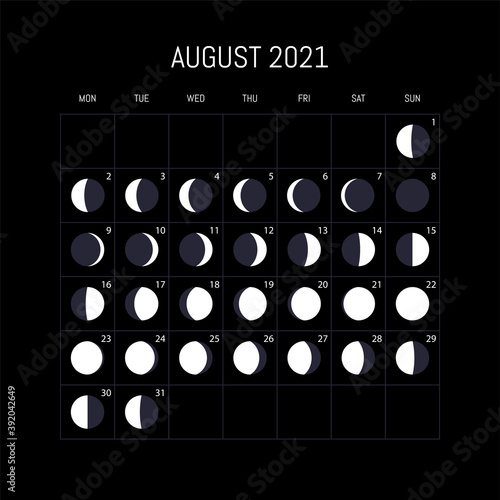 Moon phases calendar for 2021 year. August. Night background design. Vector illustration
