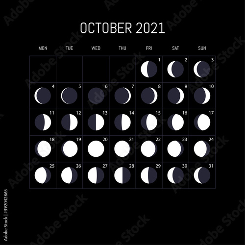 Moon phases calendar for 2021 year. October. Night background design. Vector illustration