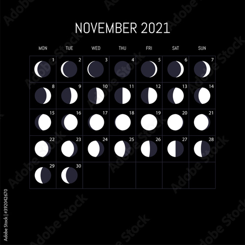 Moon phases calendar for 2021 year. November. Night background design. Vector illustration