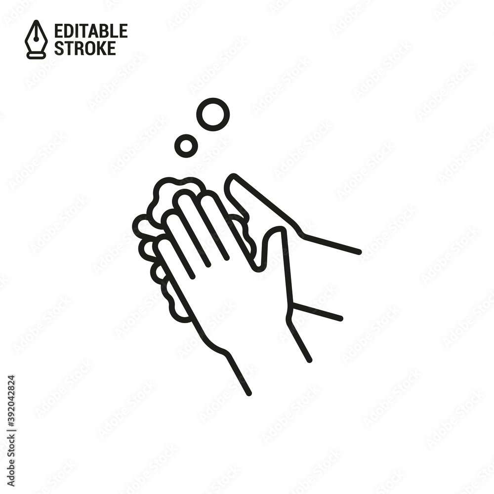 Wash hands icon. Washing hands with soap. Vector outline icon with editable stroke Wash hands icon. Washing hands with soap. Vector outline icon with editable stroke