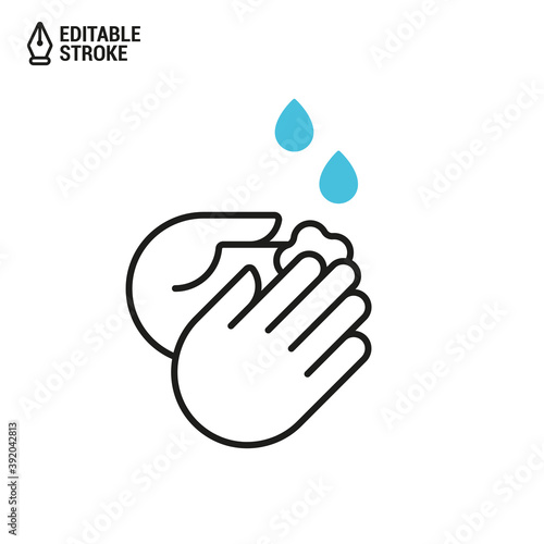 Wash hands icon. Washing hands with soap. Vector outline icon with editable stroke