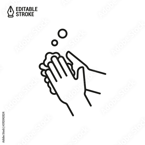 Wash hands icon. Washing hands with soap. Vector outline icon with editable stroke