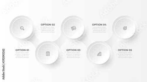 Business infographic template with 5 steps or options. Creative design with circles. Vector illustration.