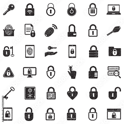 Keys And Locks Icons. Black Scribble Design. Vector Illustration.