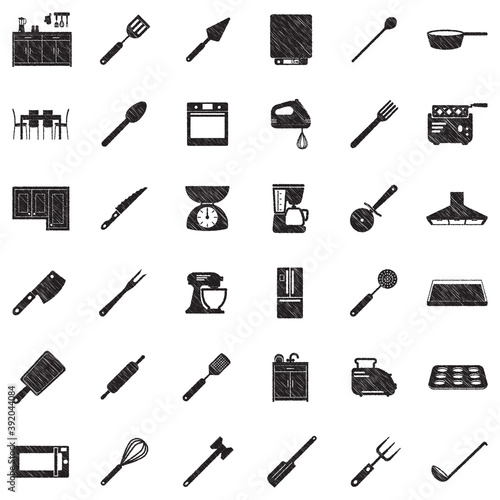 Kitchen Icons. Black Scribble Design. Vector Illustration.