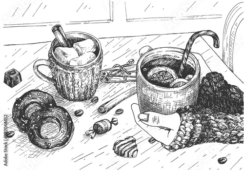 Two cups on served cafe table sketch