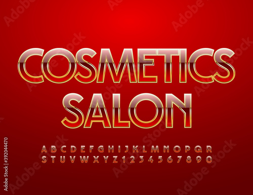 Vector stylish logo Cosmetic Salon. Unique Red and Golden Font. Uppercase luxury Alphabet Letters and Numbers