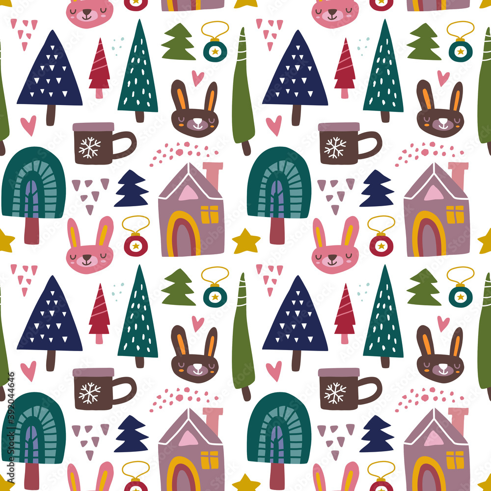 kawaii cute Christmas seamless pattern in scandinavian style. Can use for fabric etc