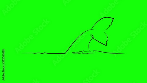 Whale tail over water in one line. Black line animation  on green background