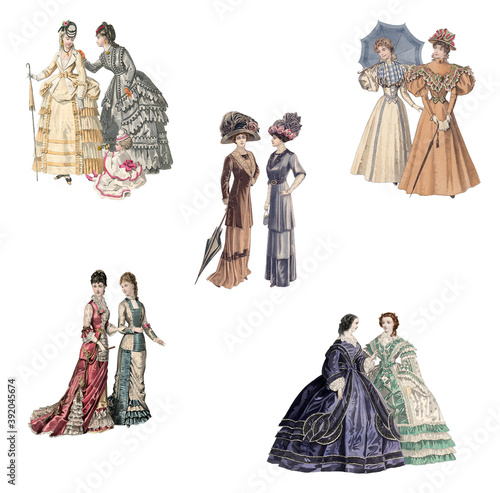Victorian and edwardian Ladies in fashionable dresses of the time photo