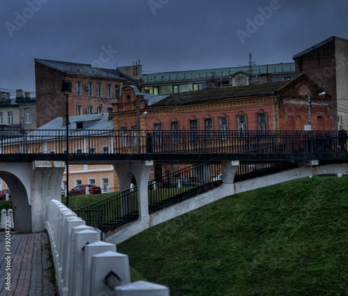 Cityscape of Nizhny Novgorod to the Volga River and the mouth of the Oka River from the Kremlin hill in the twilight. 