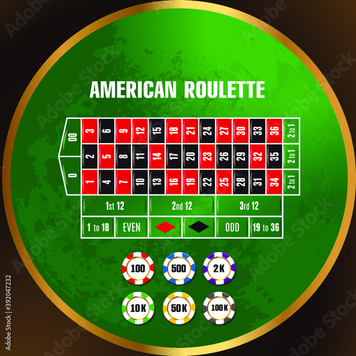 American Roulette table with numbers and chips on a green grunge background