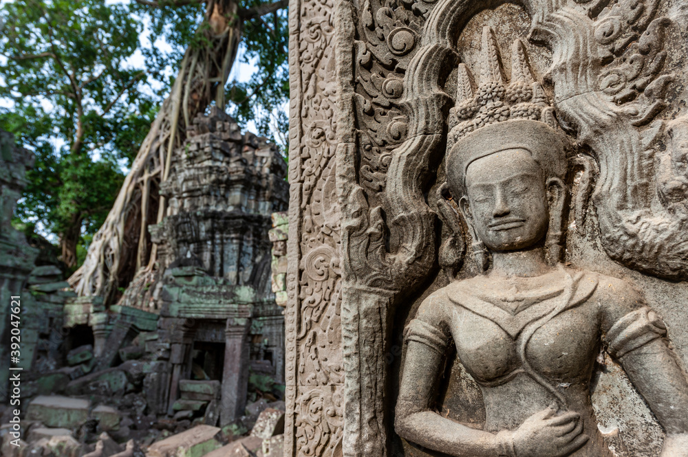Close up of Apsara dancer in Ta Prohm with famous strngulating fig tree in back ground, Siem Reap, Cambodia. Close up of Apsara dancer in Ta Prohm with famous strngulating fig tree in back ground, Siem Reap, Cambodia.